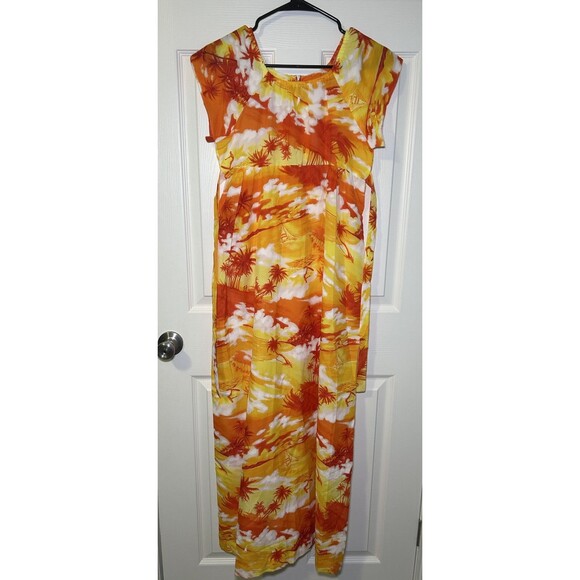 Vintage Sears Hawaiian Fashions Empire Waist Palm Tree Maxi Orange/Yellow SZ 14 - Picture 1 of 6